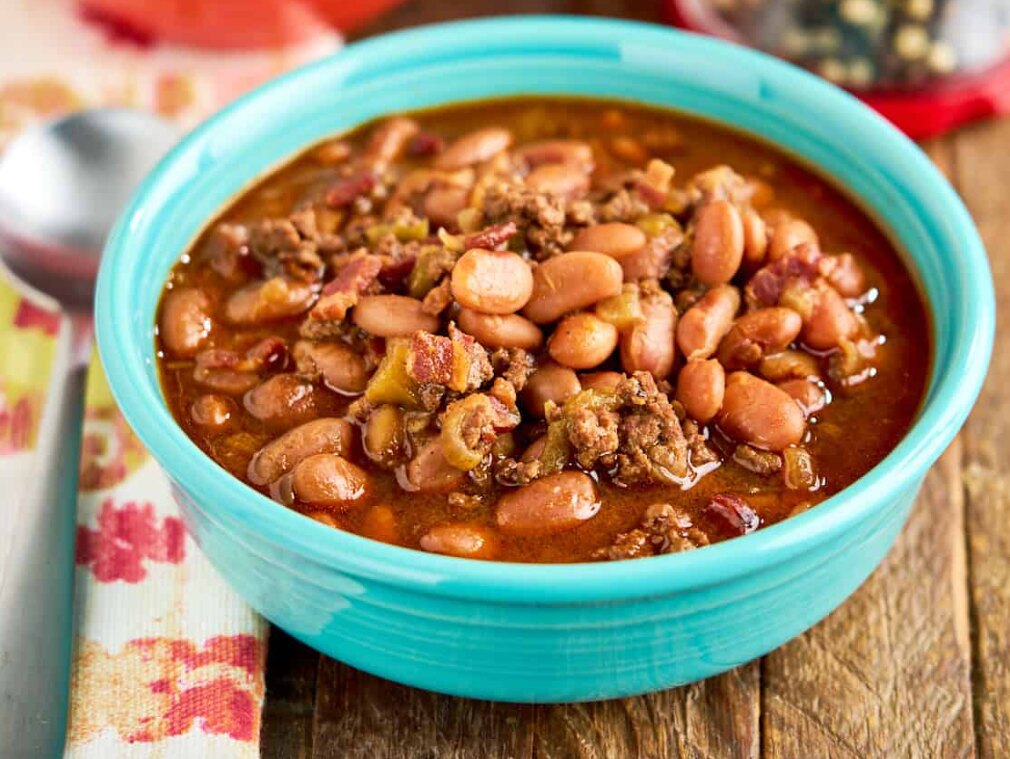 Representative bowl of cowboy pinto beans with beef, bacon and peppers