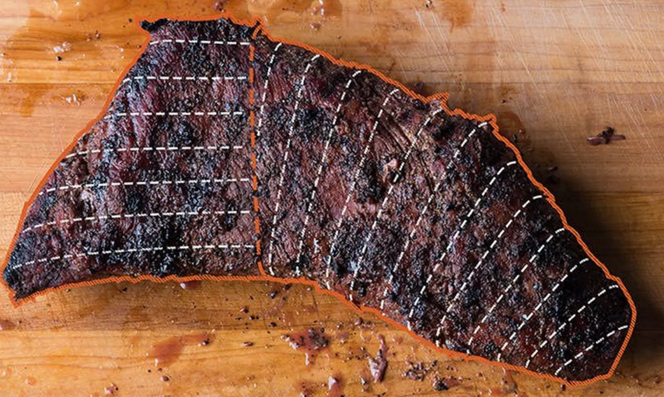 Tri-tip slicing diagram showing where to divide the roast and how to slice across its two grain directions